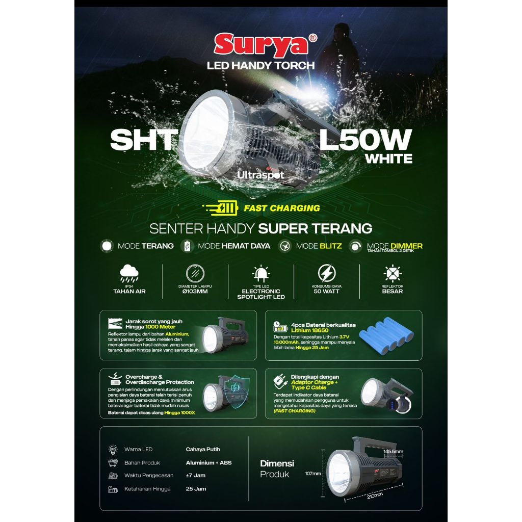 Jual Senter LED SURYA Jumbo 50W 50 Watt SHTL50W Senter Besar SURYA SHT ...