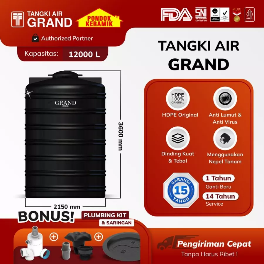 Tandon Toren Tangki Air Tedmond Grand 12000 L Anti Lumut & Sertifikasi Halal Pertama di Indonesia Garansi 15 Tahun