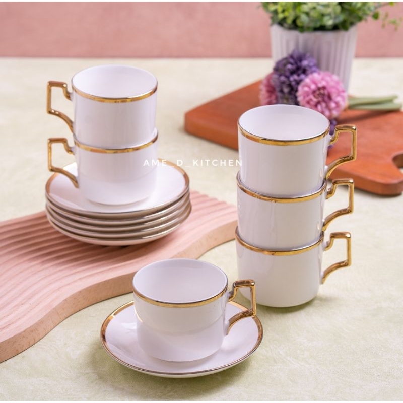 Jual Elegant Tea Cup Set Cangkir Lepek Bulat Gagang Segi Keramik Set Putih Lis Emas Box 1069