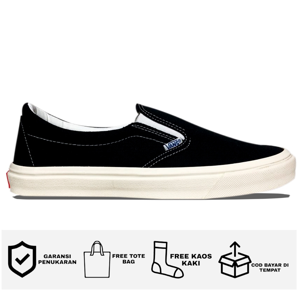 Jual Sepatu vans slip on mono black white pria wanita keren bonus