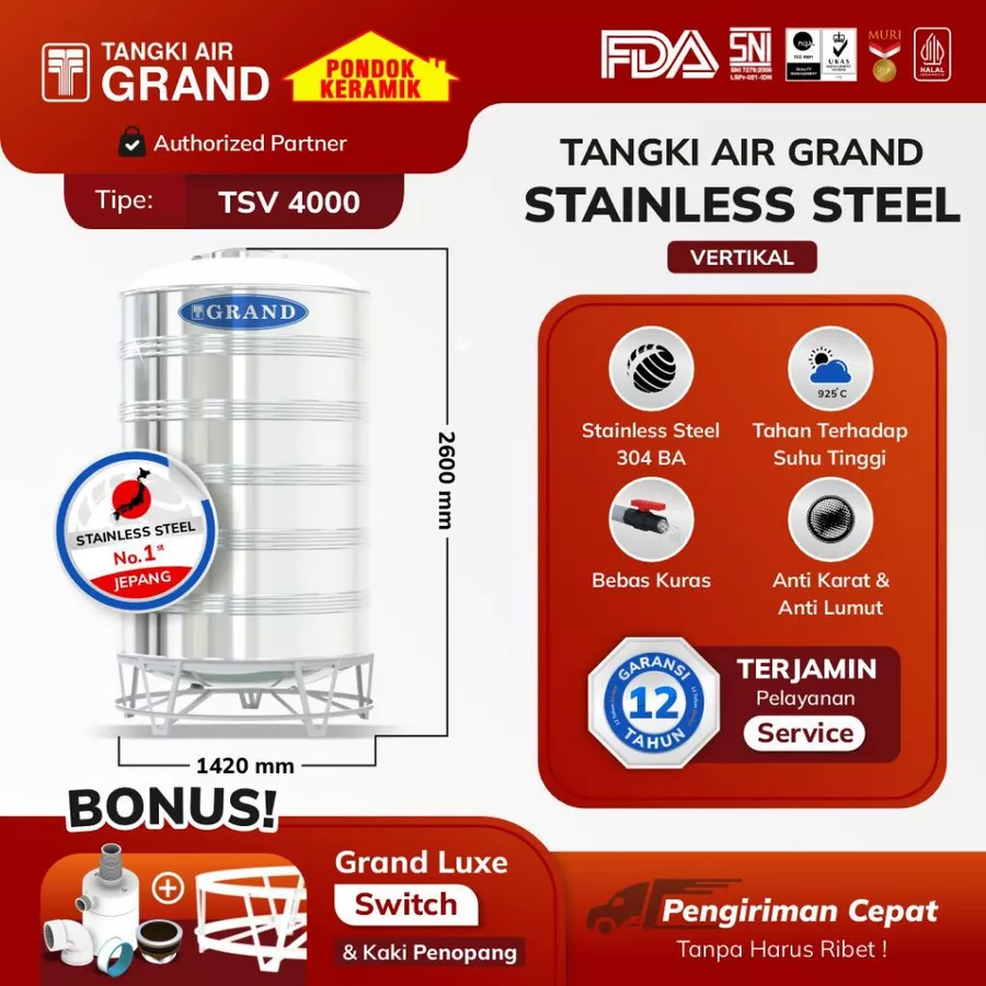 Toren Tandon Air Tangki Stainless Tedmond Grand TSV 4000 Anti Lumut & Sertifikasi Halal Pertama di Indonesia Garansi 12 Tahun