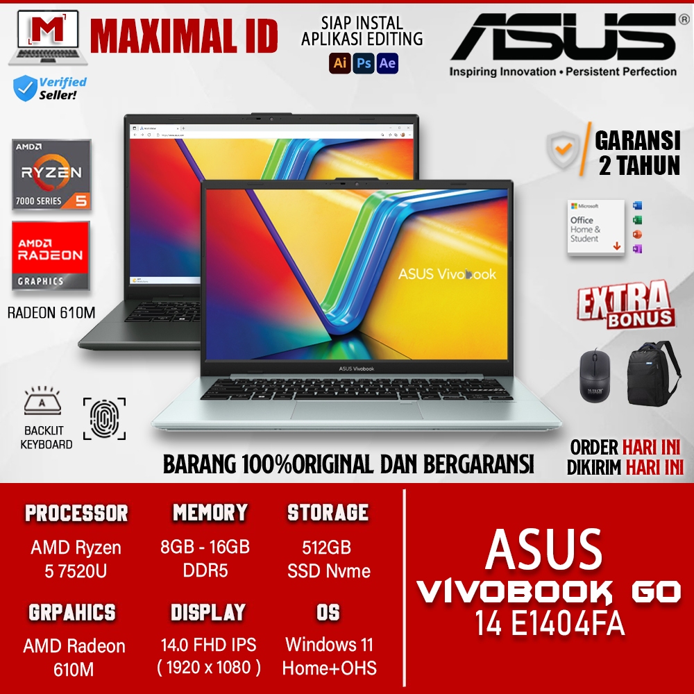 Jual Laptop Asus Vivobook Go 14 E1404fa Fhd553 Amd Ryzen 5 7520u 16gb 512gb Radeon 610ma Fhd 6882