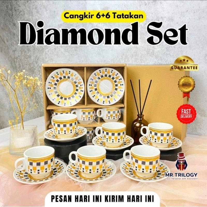 Jual Cangkir Set Tatakan Keramik Gold Diamond Hampers Gelas Souvenir Mug Kopi Teh Gift Wedding