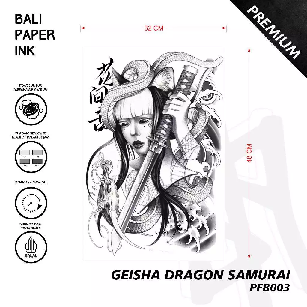 Tato Temporer Premium Bali Paper Ink Geisha Dragon Samurai Fruit Ink