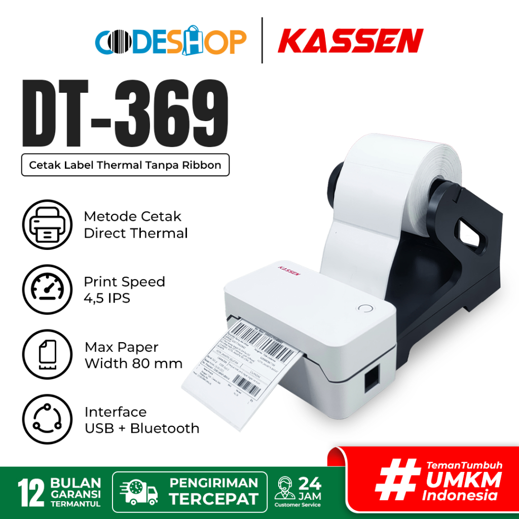 Jual Printer Label Barcode Direct Thermal Kassen DT-369 203 DPI 80 mm ...
