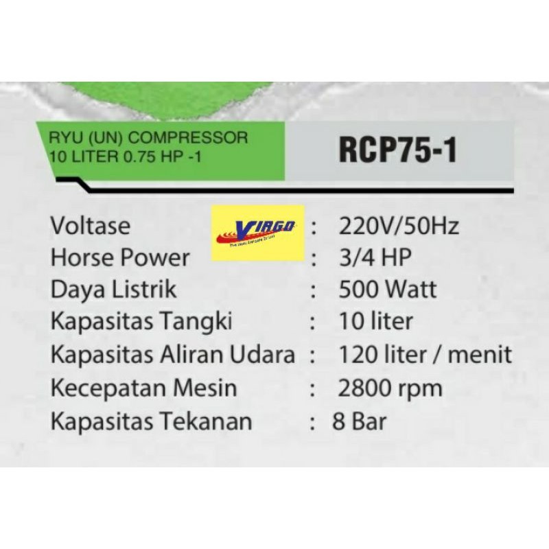 Jual RYU RCP75-1 MESIN KOMPRESOR COMPRESSOR KOMPRESSOR 10 LITER 3/4 HP ...