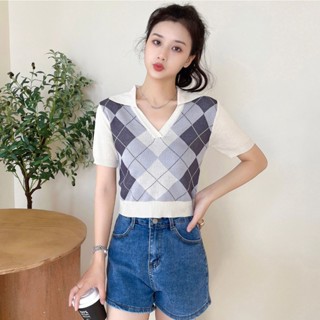 Jual Ajw Baju Atasan Wanita Terbaru Ketupat Knit Lengan Pendek Hbe Atasan Korea Lucu Kerah