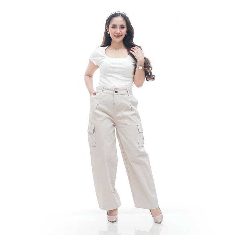 Jual Celana Cargo Wanita Bahan Melar Highwaist Premium Jumbo Cargo Pants Wanita Terbaru