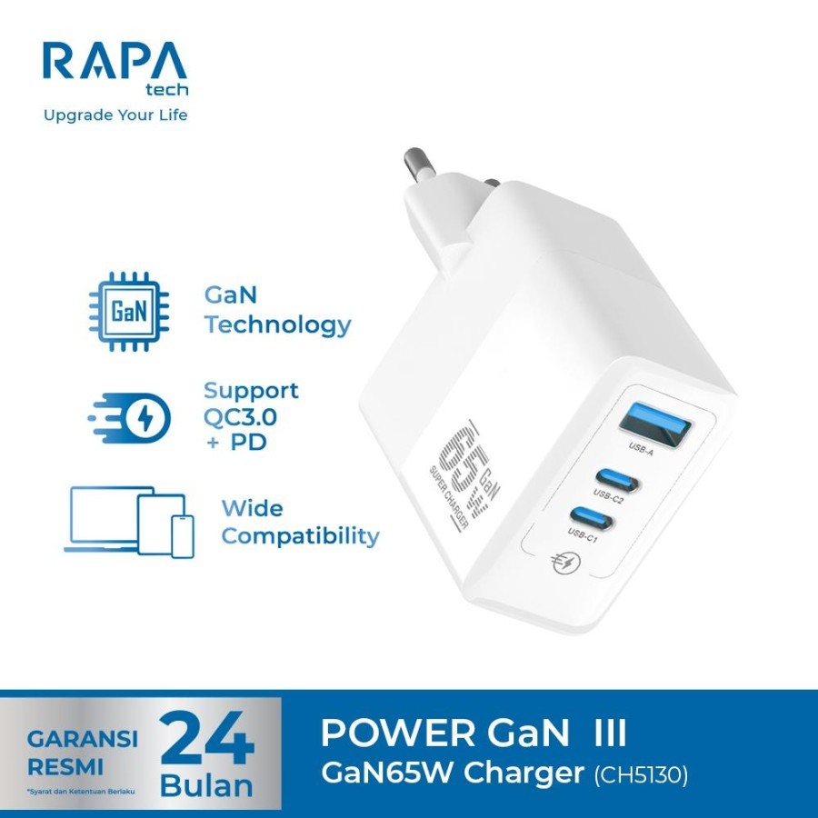Jual RAPAtech CH5130 Charger Power Gan III 65W QC 3.0 + PD Fast ...