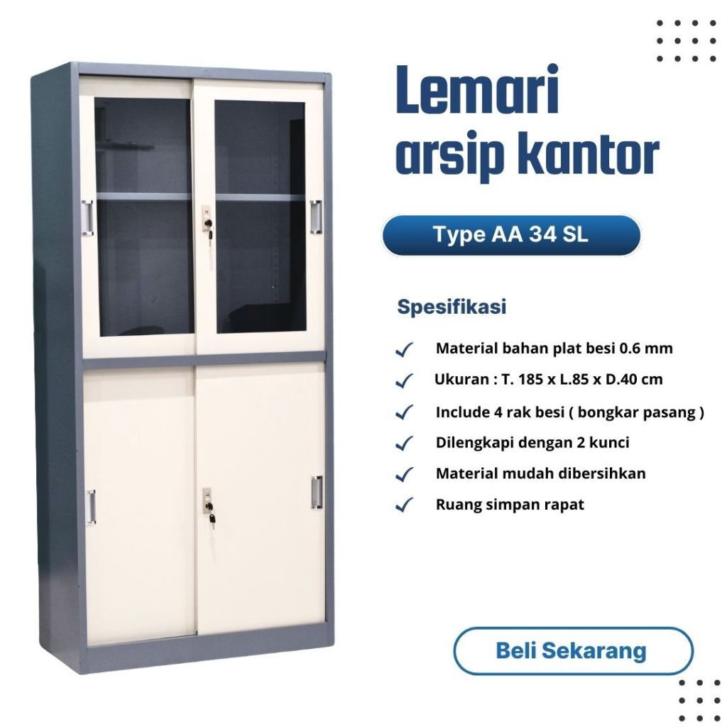 Jual Lemari Arsip Kantor Kombinasi Kaca Pintu Sliding Geser Bahan Plat