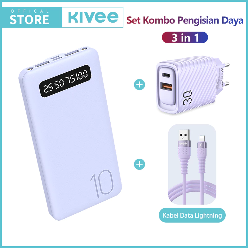 KIVEE Powerbank 10000 mah & Charger 30w & kabel data Ungu three-piece set - Garansi 1 tahun
