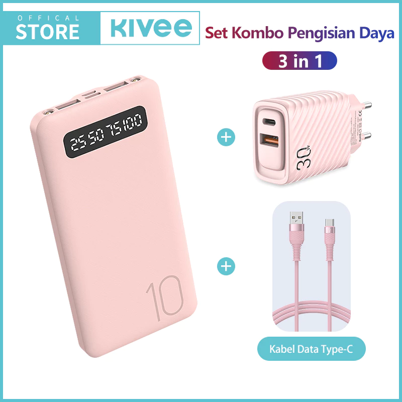 KIVEE Powerbank mini murah 10000 mah Charger 30W + kabel data pink three-piece set - Garansi 1 tahun