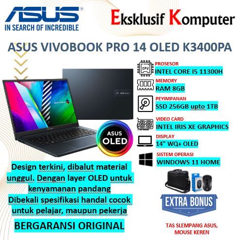 Jual LAPTOP KERJA ASUS VIVOBOOK PRO OLED K3400PA INTEL I5 8GB SSD 512GB ...