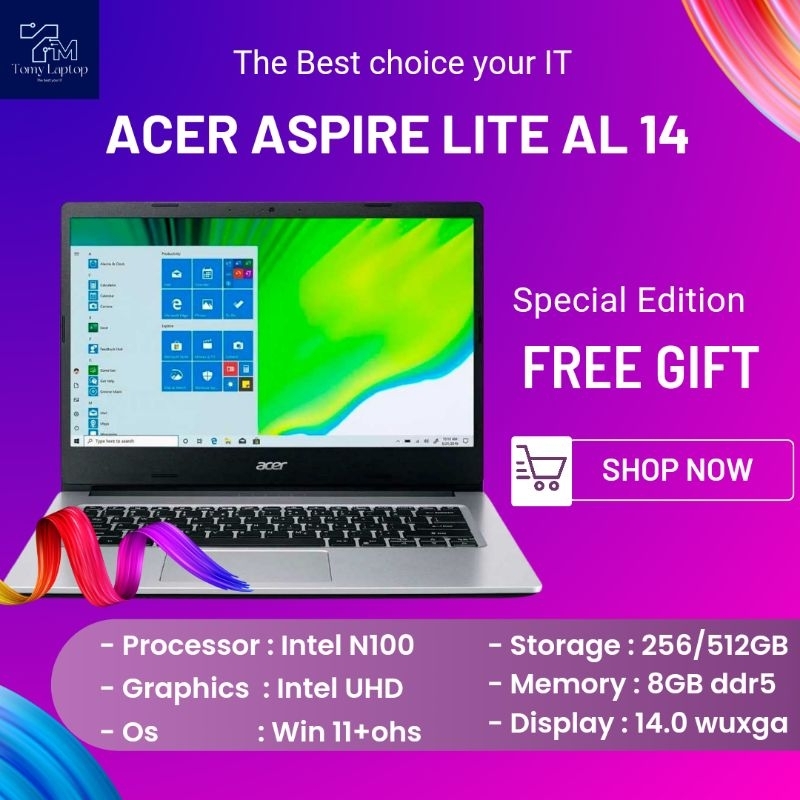 Jual ACER ASPIRE LITE AL 14 INTEL N100/ RAM 8GB SSD 256GB/512GB LAYAR