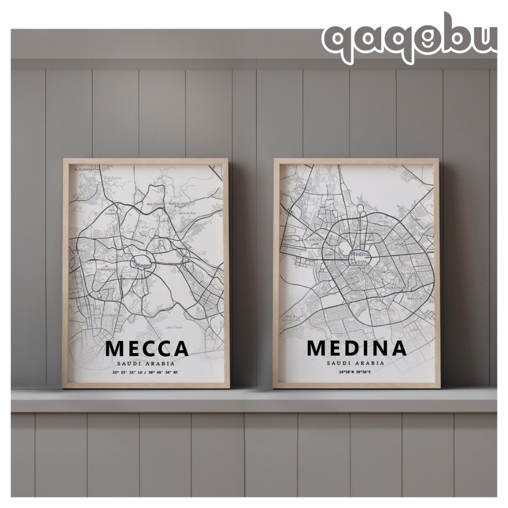 Jual Hiasan Dinding Poster Peta Mecca & Medina Monochrome A3 Wall Decor ...
