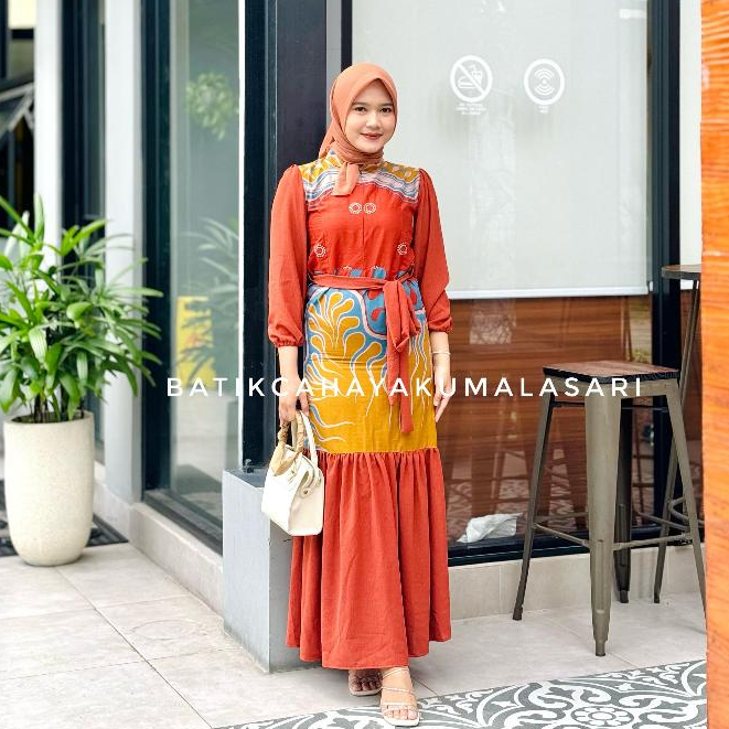 Jual FATIMAH Dress Batik Wanita Kombinasi Polosan Motif MISHA TERACOTA