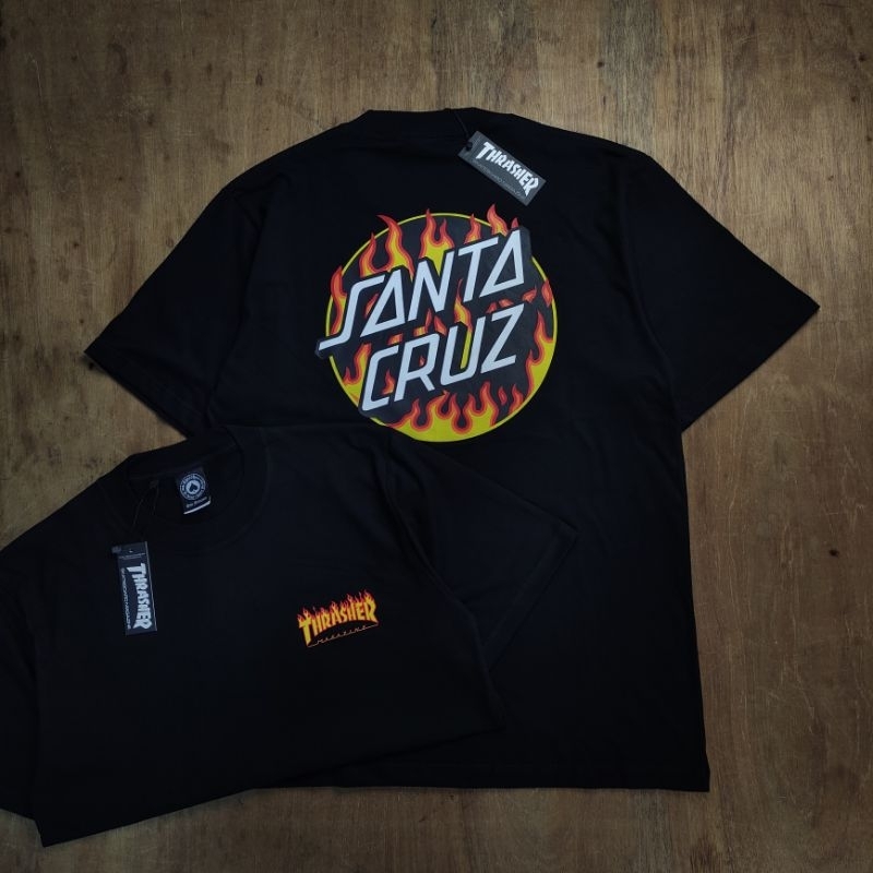KAOS OVERSIZE THRASHER X SANTA CRUZ FLAME RED FONT LOGO BASIC PRINTED BLACK TEES BESTSELLER