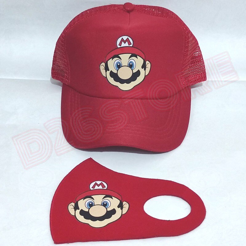 Jual Topi Mario Bros + Masker Topi Jaring trucker hat Super Mario ...