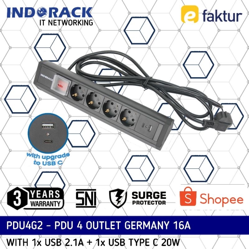 Jual PDU4G2 DESKTOP PDU Meja INDORACK 4 Outlet 16A Germany with 1x USB ...