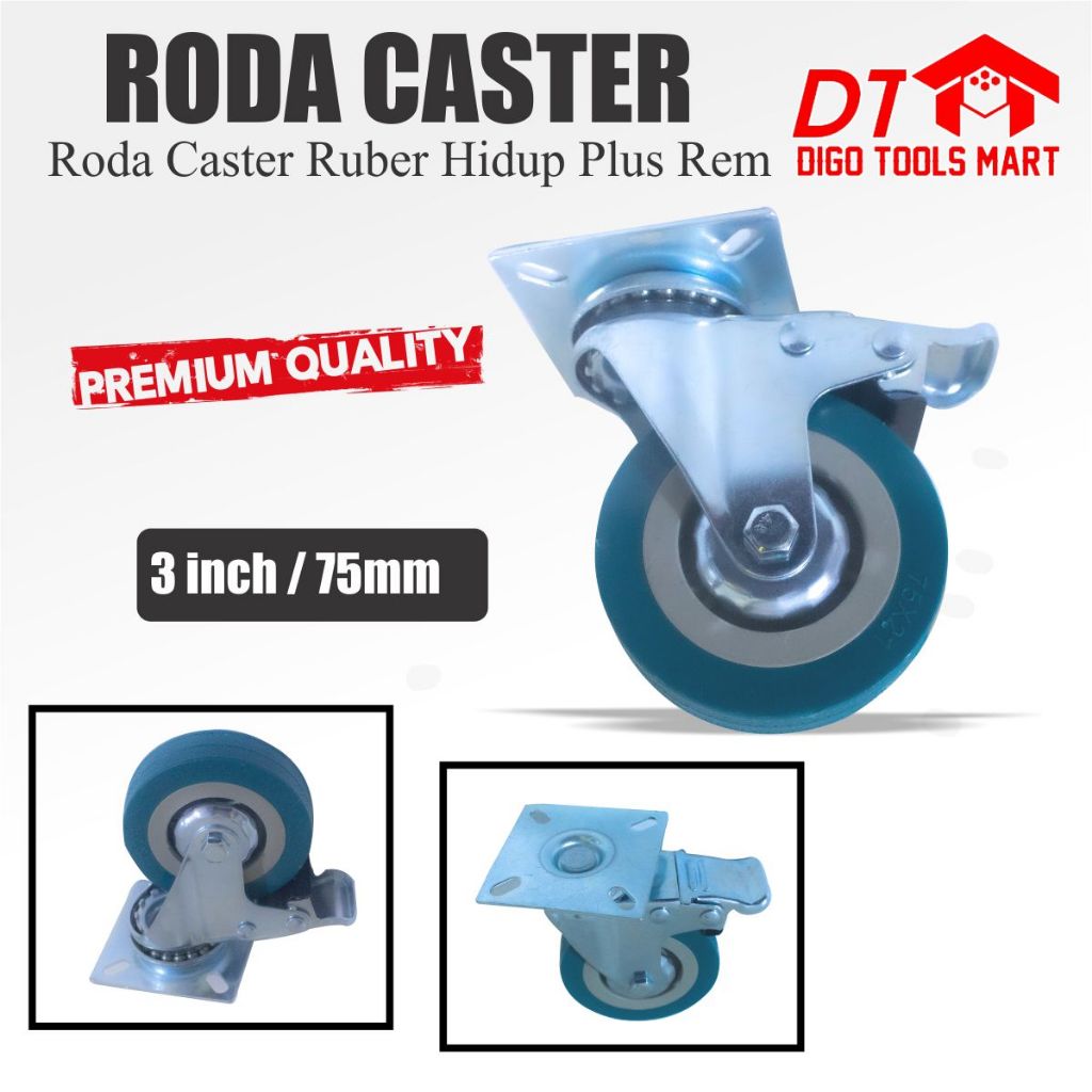 Jual Roda Caster Karet Rubber Hidup Plus Rem 3 Inci Roda Kastor Karet ...
