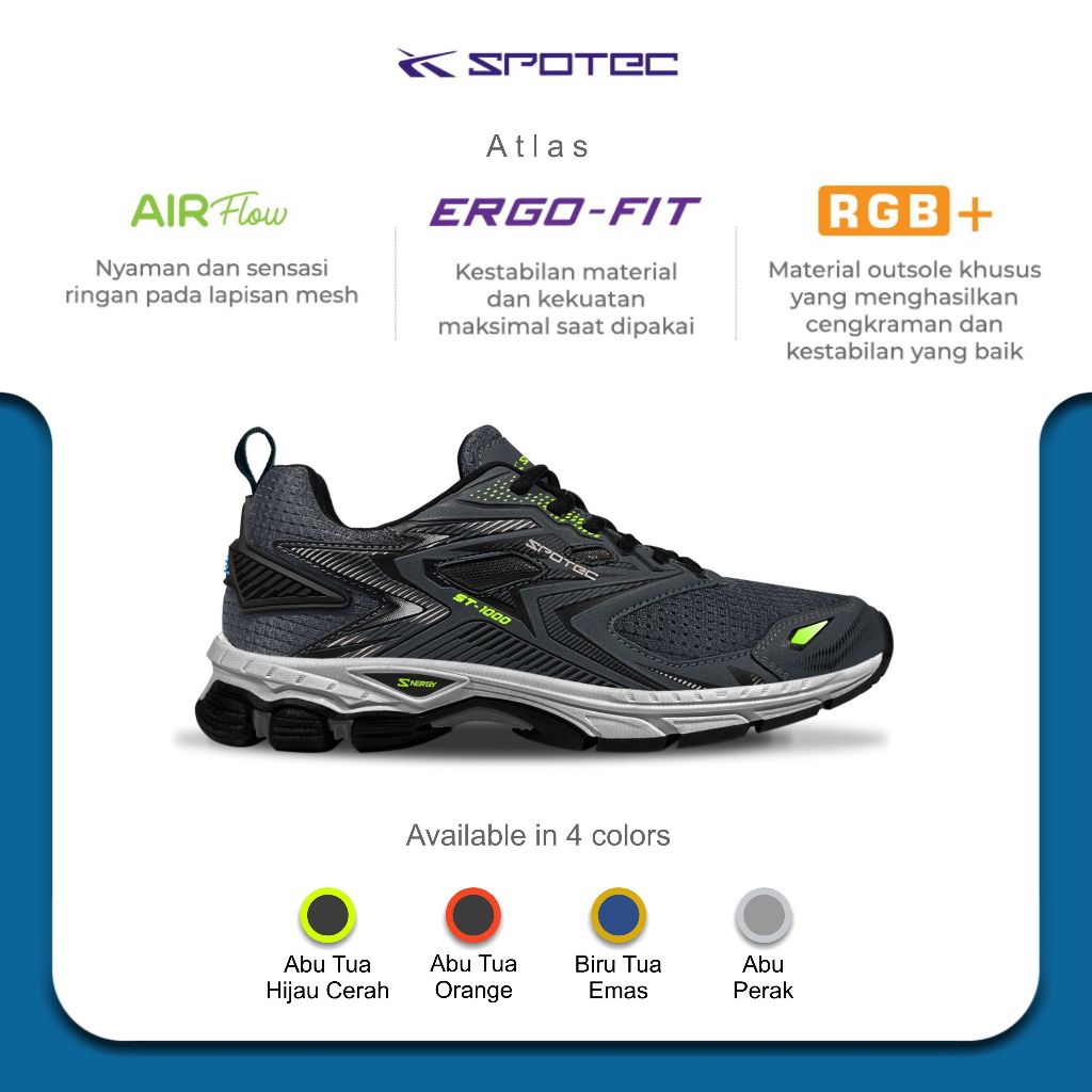 Jual SPOTEC Sepatu RUNNING Artikel ATLAS Abu Tua/Hijau Cerah | Shopee ...