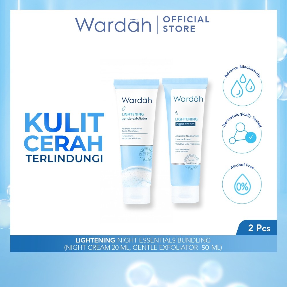 Wardah Lightening Night Essentials Bundling - Lightening Night Cream Advanced Niacinamide 20 ml + Lightening Gentle Exfoliator 50 ml -  Kulit Cerah Terlindungi - Menutrisi, Mencerahkan, Menyamarkan Noda Hitam, Membersihkan Pori-Pori Sel Kulit Mati