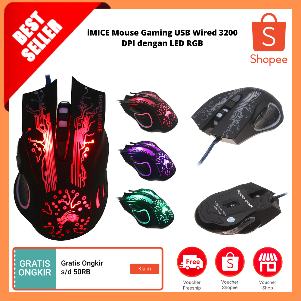 Jual Mouse Gaming USB Wired 3200 DPI dengan LED RGB / Mouse Berkabel