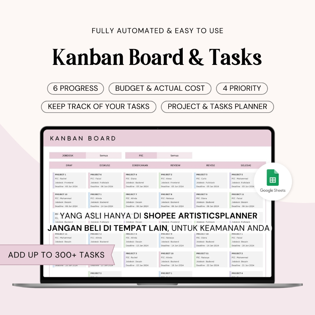 Jual Kanban Board Tasks Spreadsheet Project Task List Project Management Tracker Task