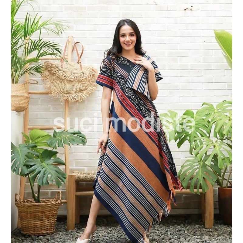 Jual ( READY STOCK ) Dress tenun etnik model lancip v neck kekinian ...