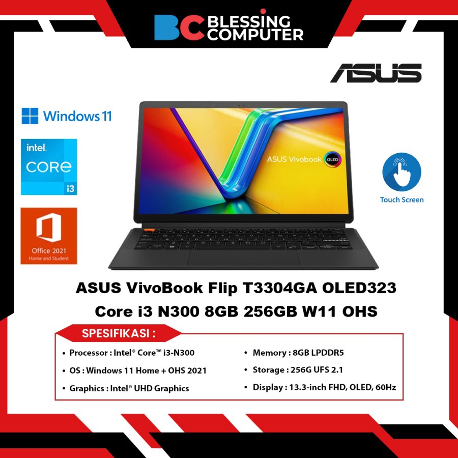 Asus VivoBook T3304GA-LQ004W 13,3" Tactile - Intel Core I3-N300 - 8Go RAM - 128Go - Reconditionné
