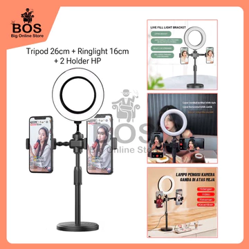 BOS Paket Ringlight 16cm Tripod Mini Stand 28cm 2 Holder HP Live Stream Make Up Vlog