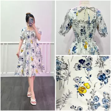 RD FASHION SMOCKED DRESS Gaun Musim Panas Kasual Baru Lengan Pendek Smocked Dress Lipit Bunga