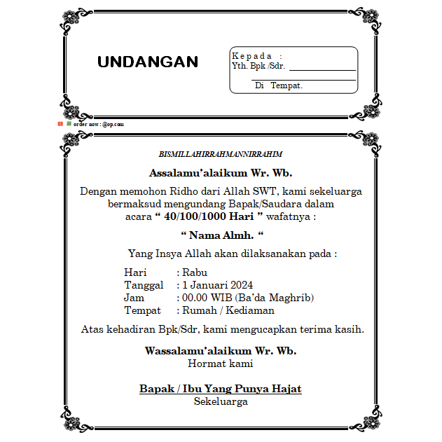Jual Undangan Tahlil Tahlilan Termurah 40 Hari, 100 Hari Piling 1