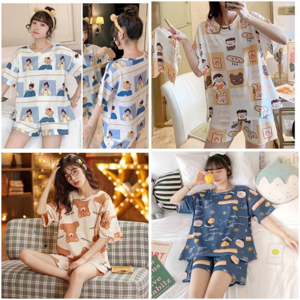 Jual COD Baju Tidur Set Piyama Wanita MURAH Lengan Pendek Celana