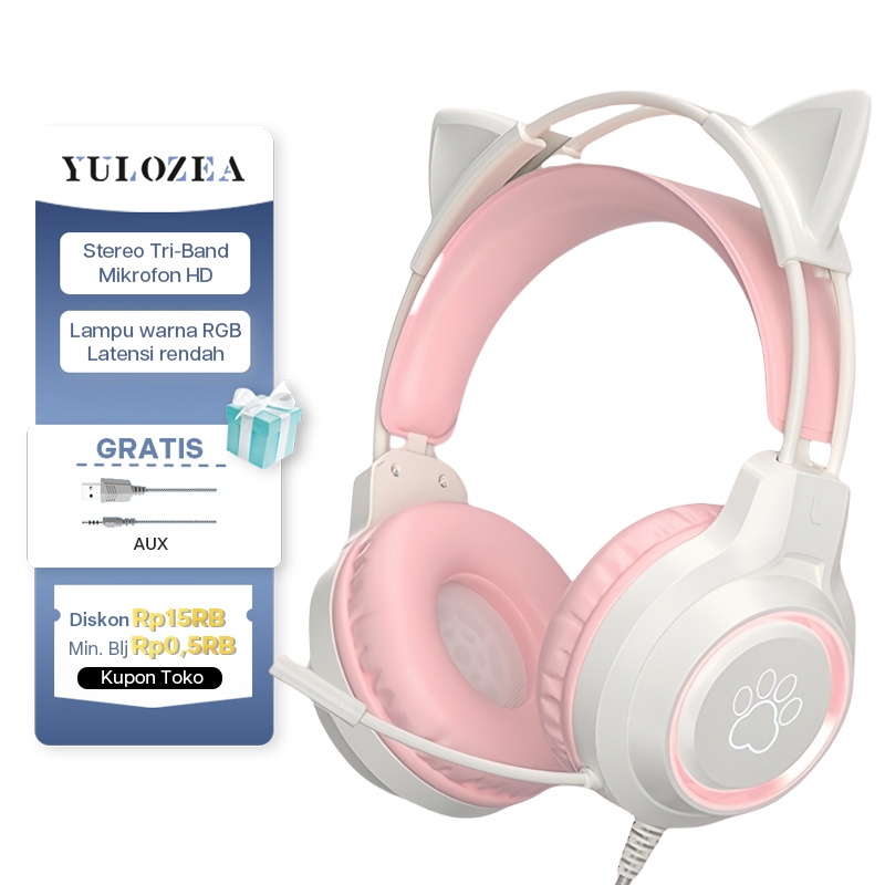 Yulozea Headset Gaming Cat Ears Gaming Headphone RGB Pink Headphones  Anak Perempuan Warna Desktop Komputer Laptop Kabel Over-ear Headphone