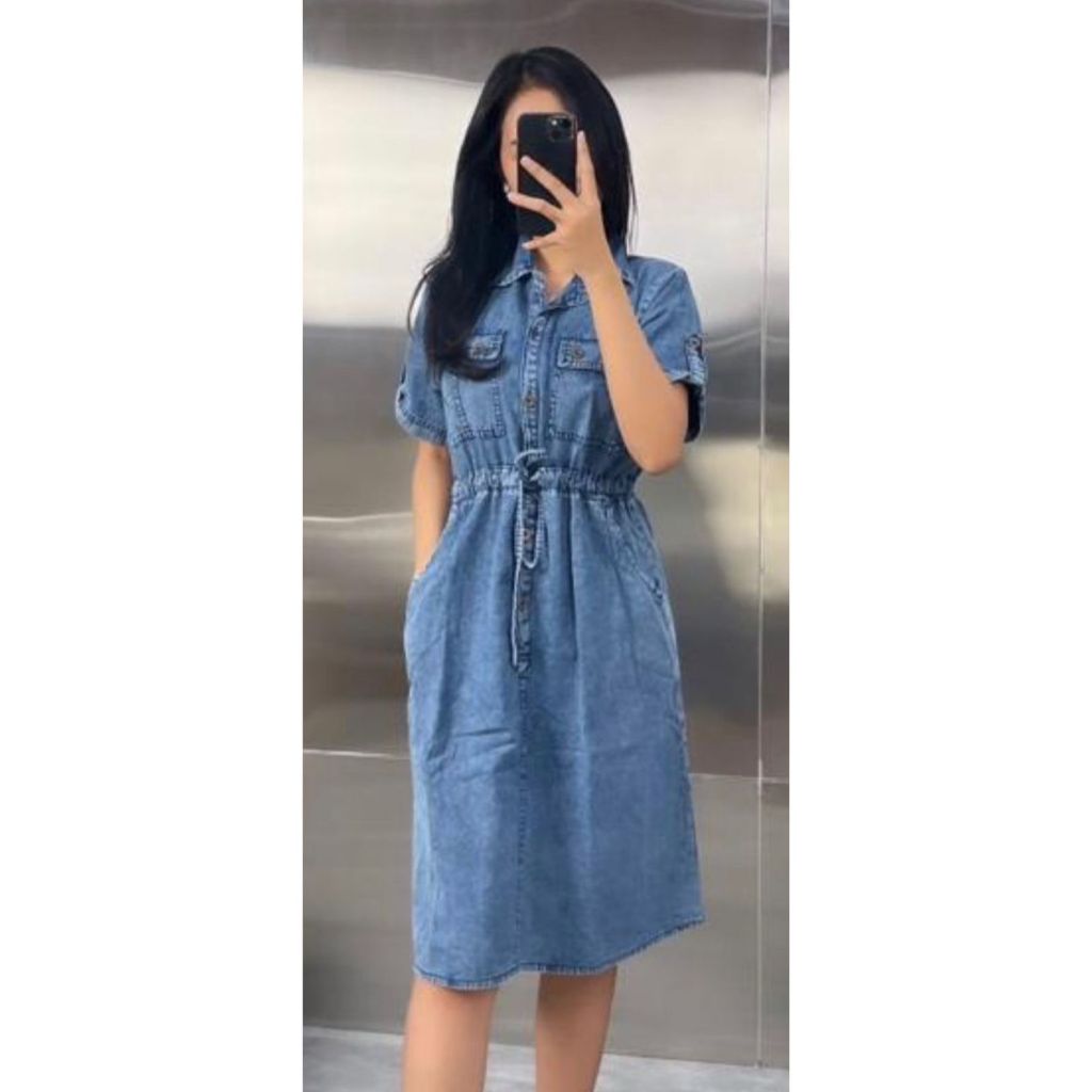 knee length dresses for ladies Montsand Denim Blue Corset Midi Dress