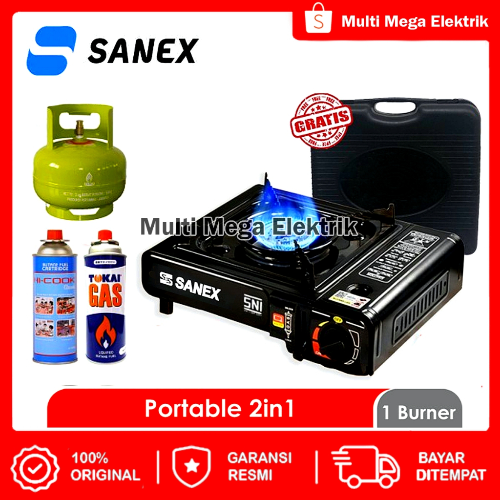 Jual COD KOMPOR PORTABLE CAMPING BBQ SANEX 2 IN 1 1 TUNGKU BISA GAS LPG DAN GAS KALENG