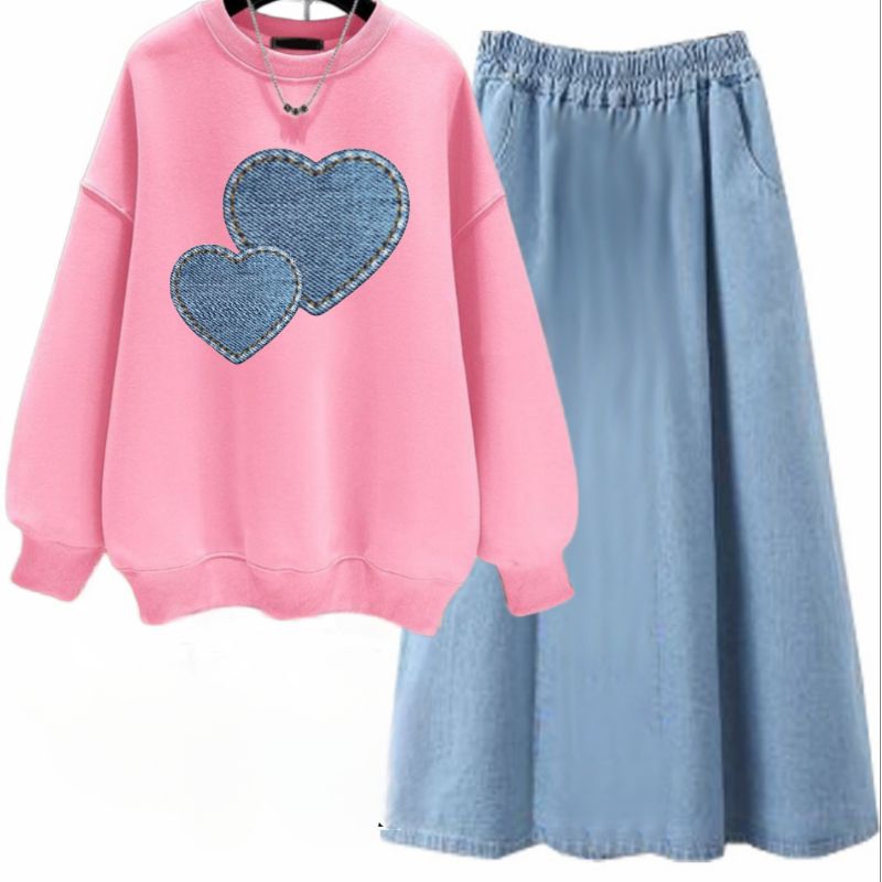 Jual SWEATER FLEECE ANAK REMAJA PEREMPUAN TWIN HEART DENIM / SETELAN ...