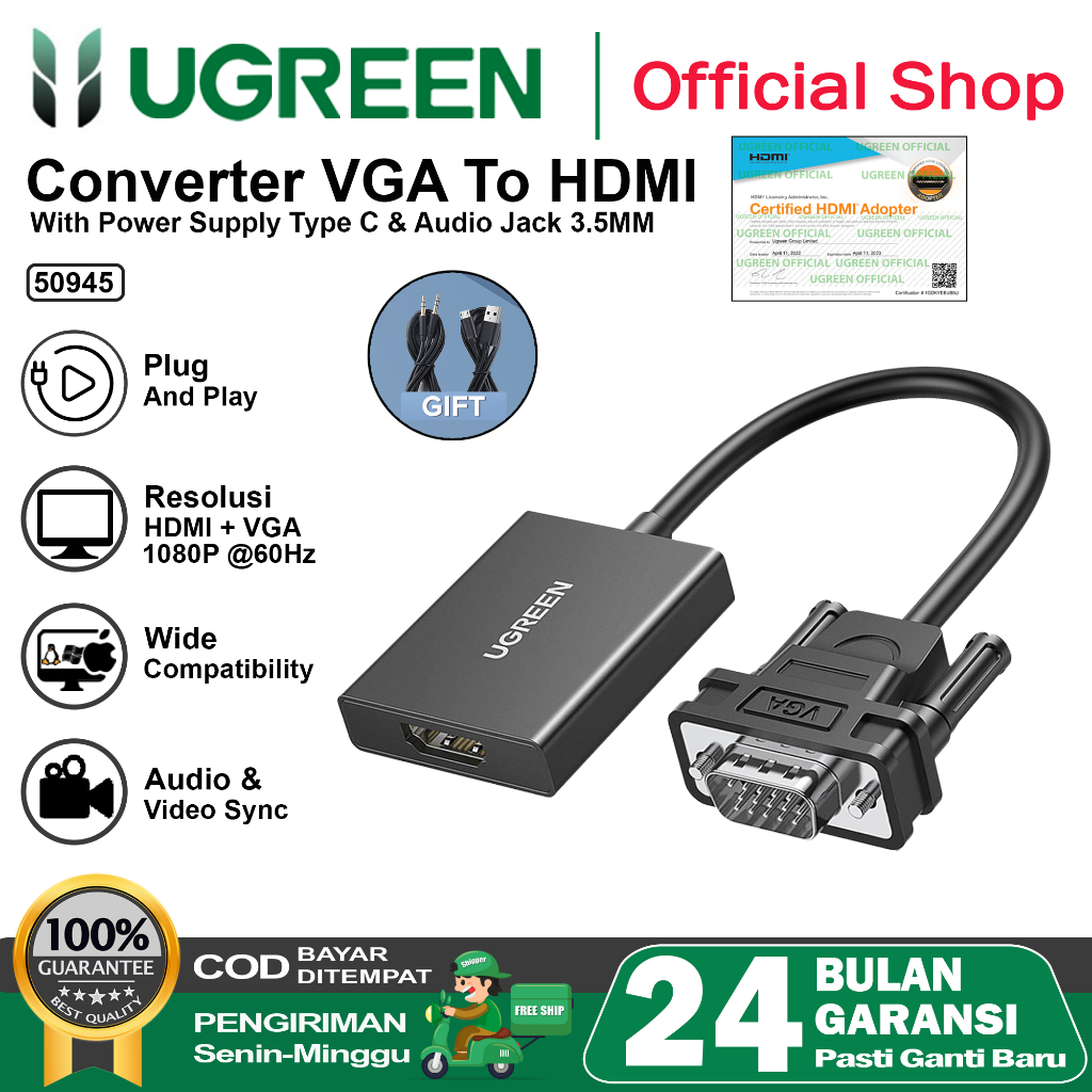 UGREEN Converter VGA To HDMI Dan HDMI To VGA Full HD 1080p With Audio Plug  And Play