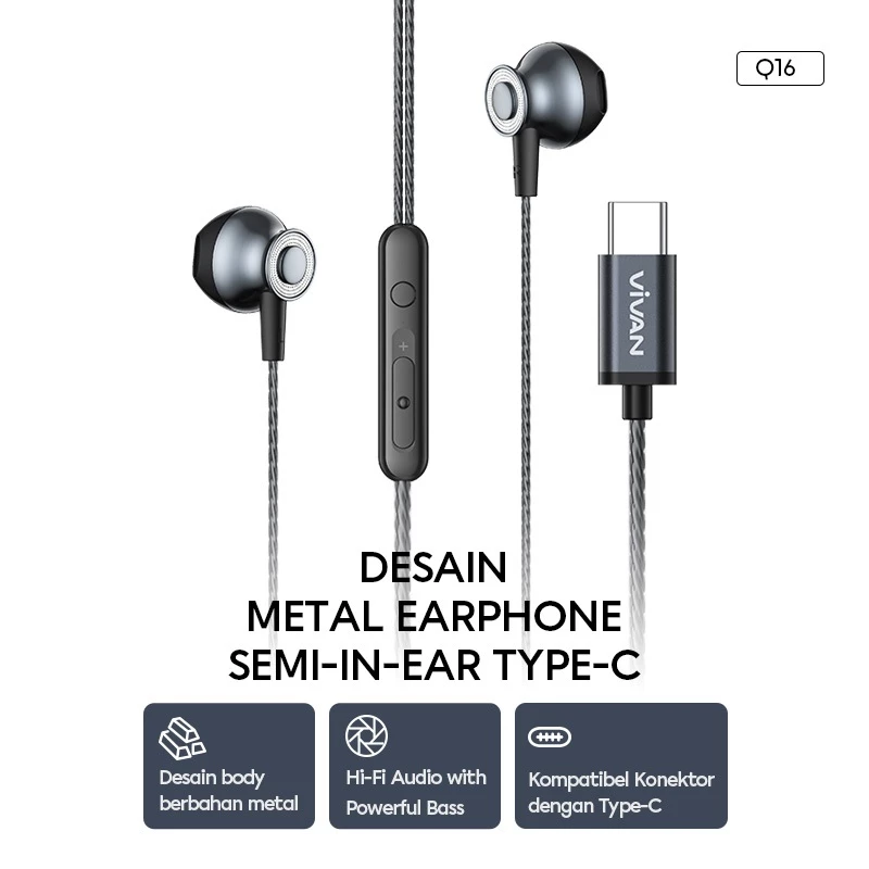 VIVAN Earphone Half Ear Kabel Stereo Powerfull Bass Wired Headset Type C Q16 Garansi Resmi 1 Tahun