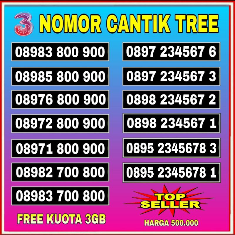 Jual Nomor Cantik Three 4G Kartu Perdana Tri Three 3 Murah | Shopee ...