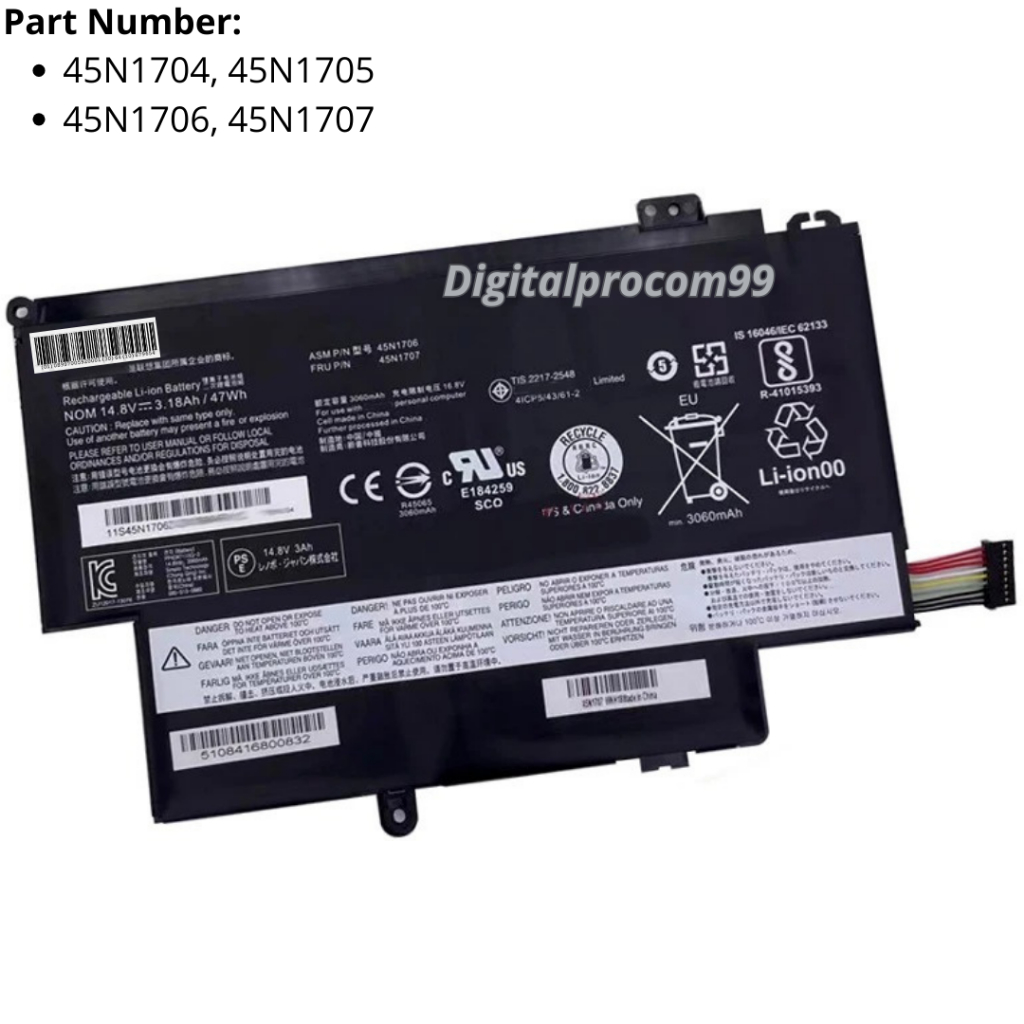 Batterie Pour Lenovo ThinkPad S1 Yoga 12 / Yoga 12 - 14.8V 47Wh 8 Cellules - Compatible 45N1704 45N1705 45N1706 45N1707 - 10