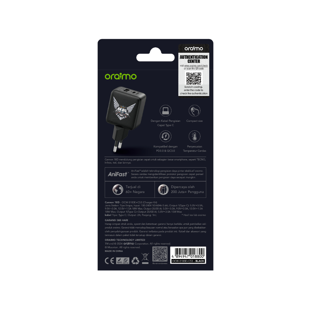 Jual Oraimo OCW-5183 x MPL Mobile Legend Charger Dual Port USB & Type-C ...