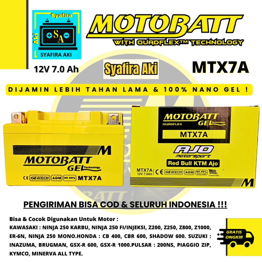 AKI MOTOR PIAGIO ZIP, KYMCO,MINERVA,KAWASAKI NS200 MOTOBATT MTX7A 7AH