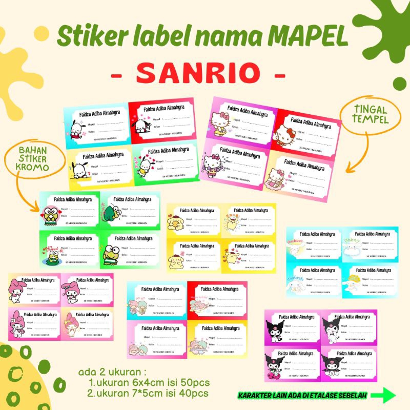 Jual 50pcs label stiker MAPEL seri SANRIO costum nama anak | Shopee ...