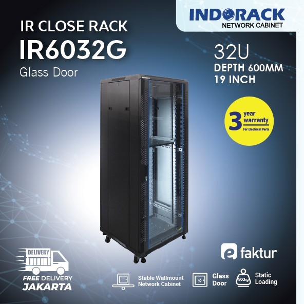 Jual IR6032G Close Rack 32U INDORACK Depth 600mm Glass Door Rak Server ...