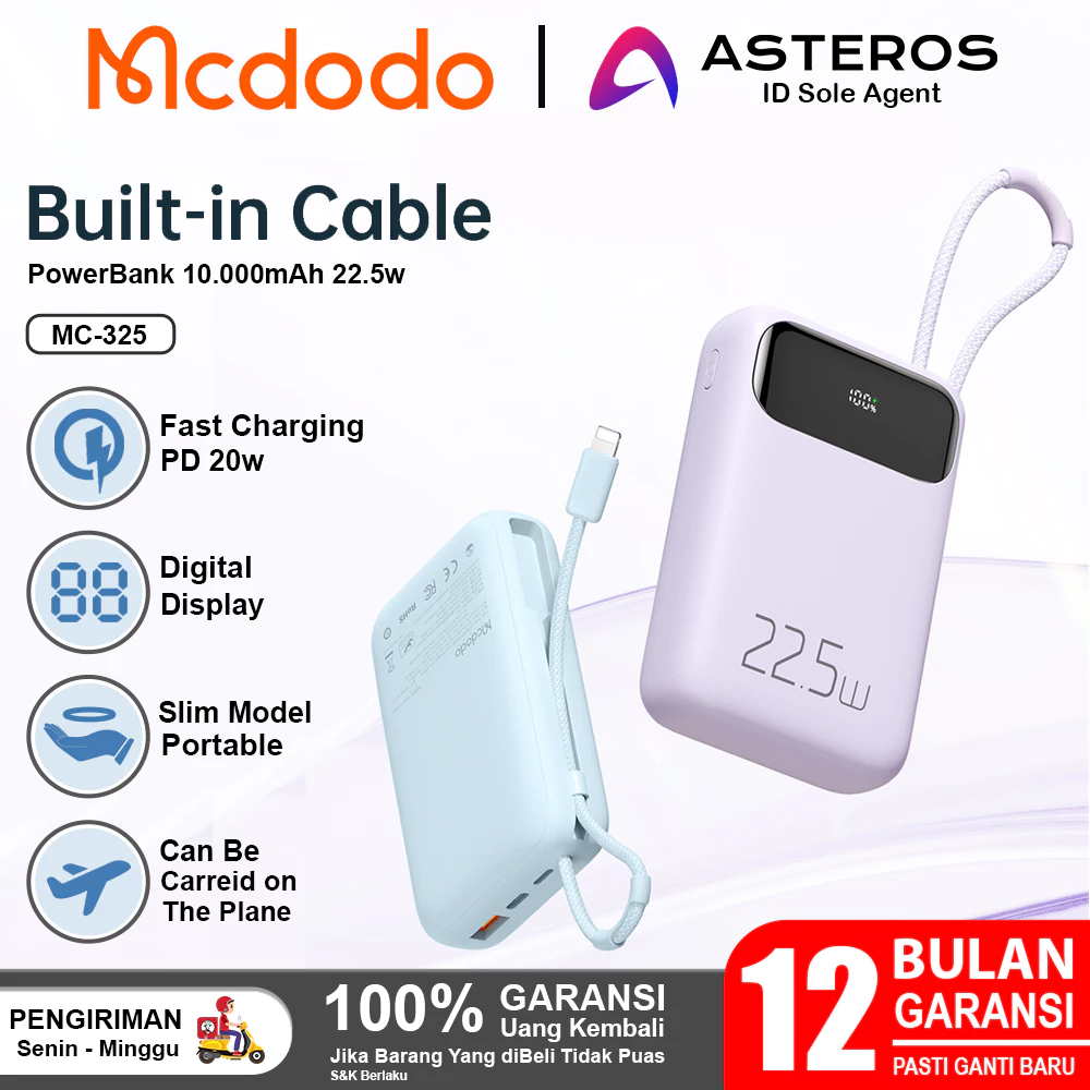 MCDODO PowerBank 10.000mah FAST Charging 22.5W Built in Cable iPhone MC-325