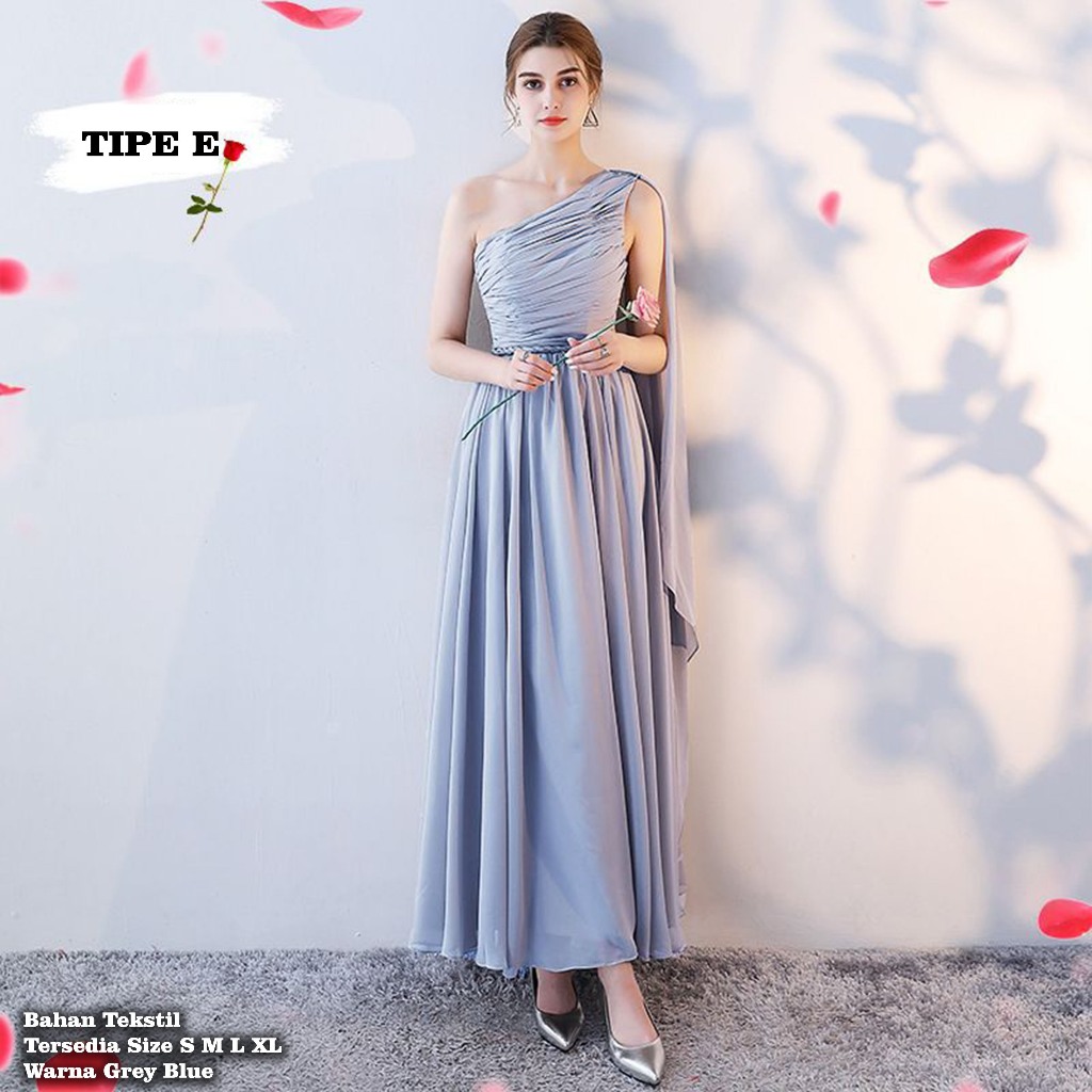 DP Gaun Wanita Gaun Bridesmaid Style Korea Terbaru Dress Polos Long  Comfort Grey Blue Gaun Pesta Abu Simple BD40-45