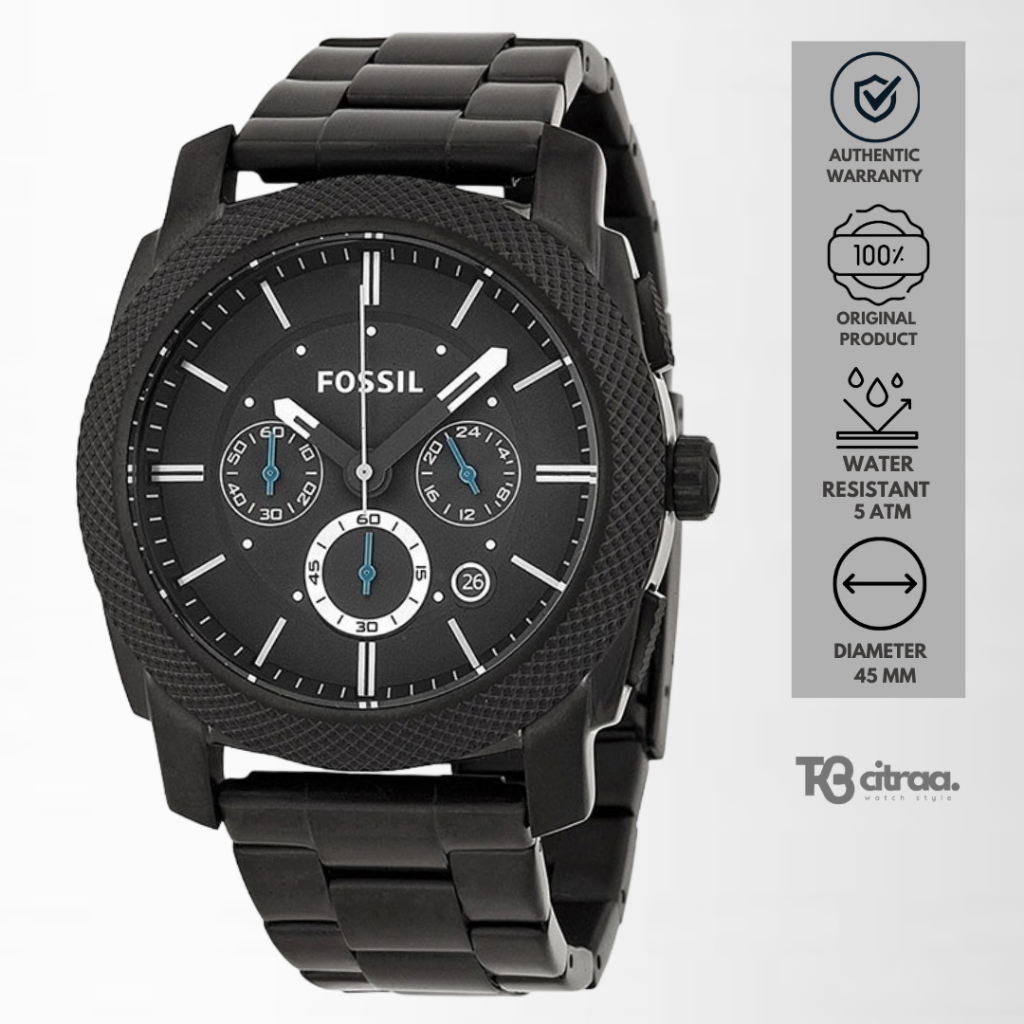 jam tangan fashion pria Fossil Machine analog strap rantai hitam  Chronograph Black Stainless Steel water resistant luxury watch mewah  ekslusif
