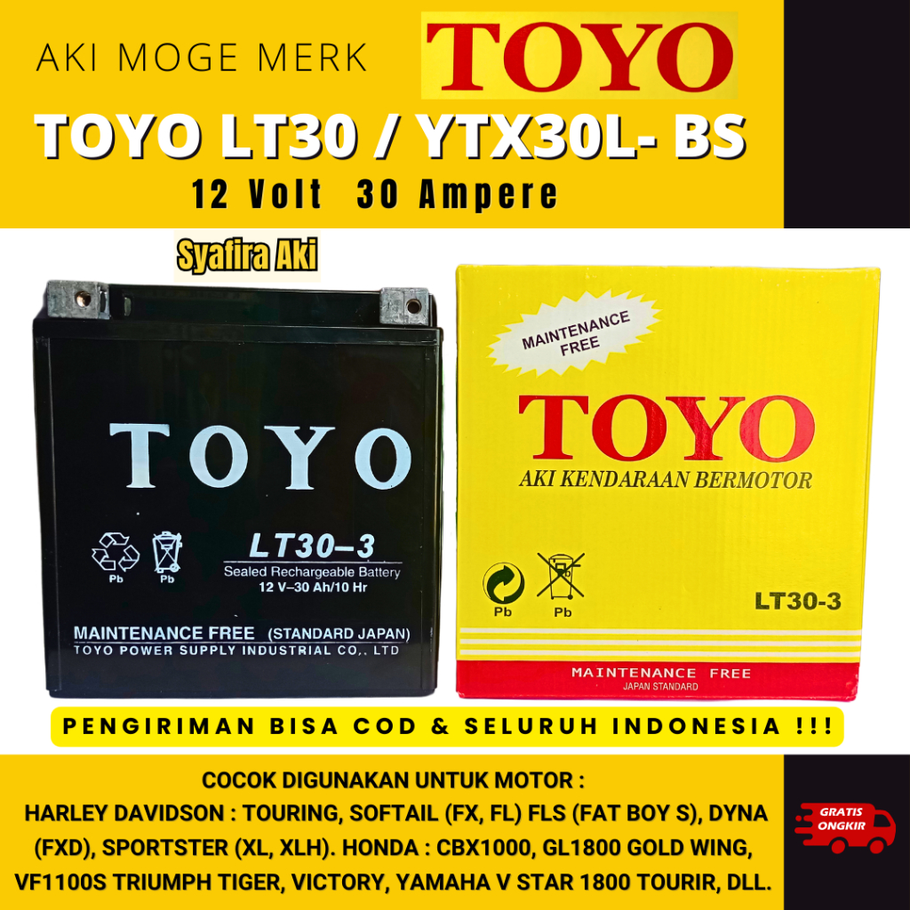 Aki Khusus Untuk Motor Harley Touring TOYO LT30-3-YTX30L-BS MF